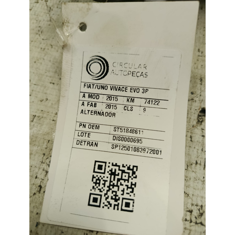 ALTERNADOR FIAT UNO VIVACE 1.0 EVO FIRE FLEX 8V 3P 2015/15