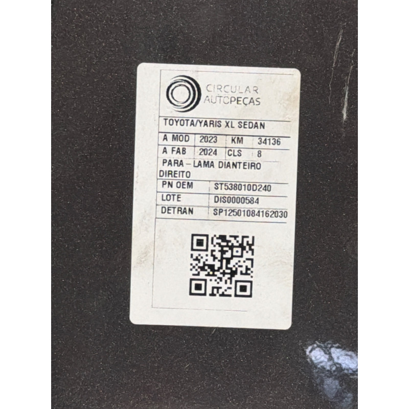PARALAMA DIANT DIREITO CINZA TOYOTA YARIS XL SEDAN 2023/2024