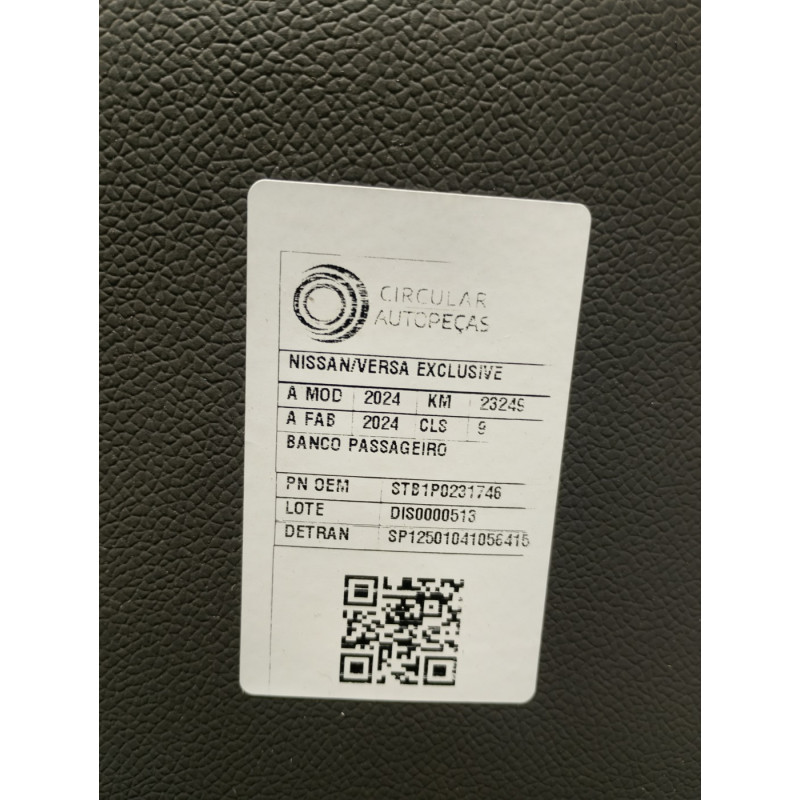 BANCO DO PASSAGEIRO NISSAN VERSA EXCLUSIVE 16V 2024