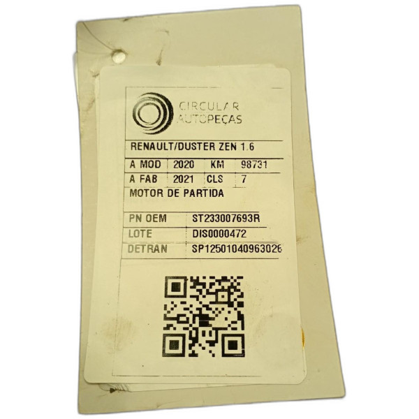 MOTOR DE PARTIDA RENAULT DUSTER ZEN 1.6 16V FLEX 2020/2021
