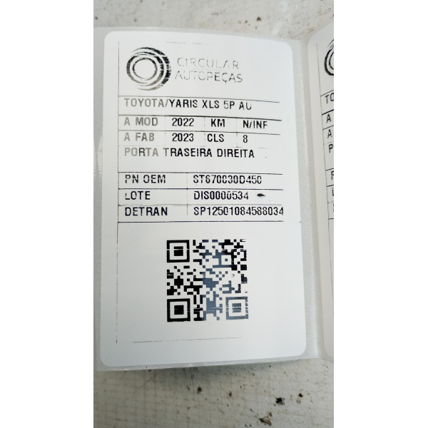 PORTA TRASEIRA DIREITA BRANCA TOYOTA YARIS XLS 1.5 2022/23
