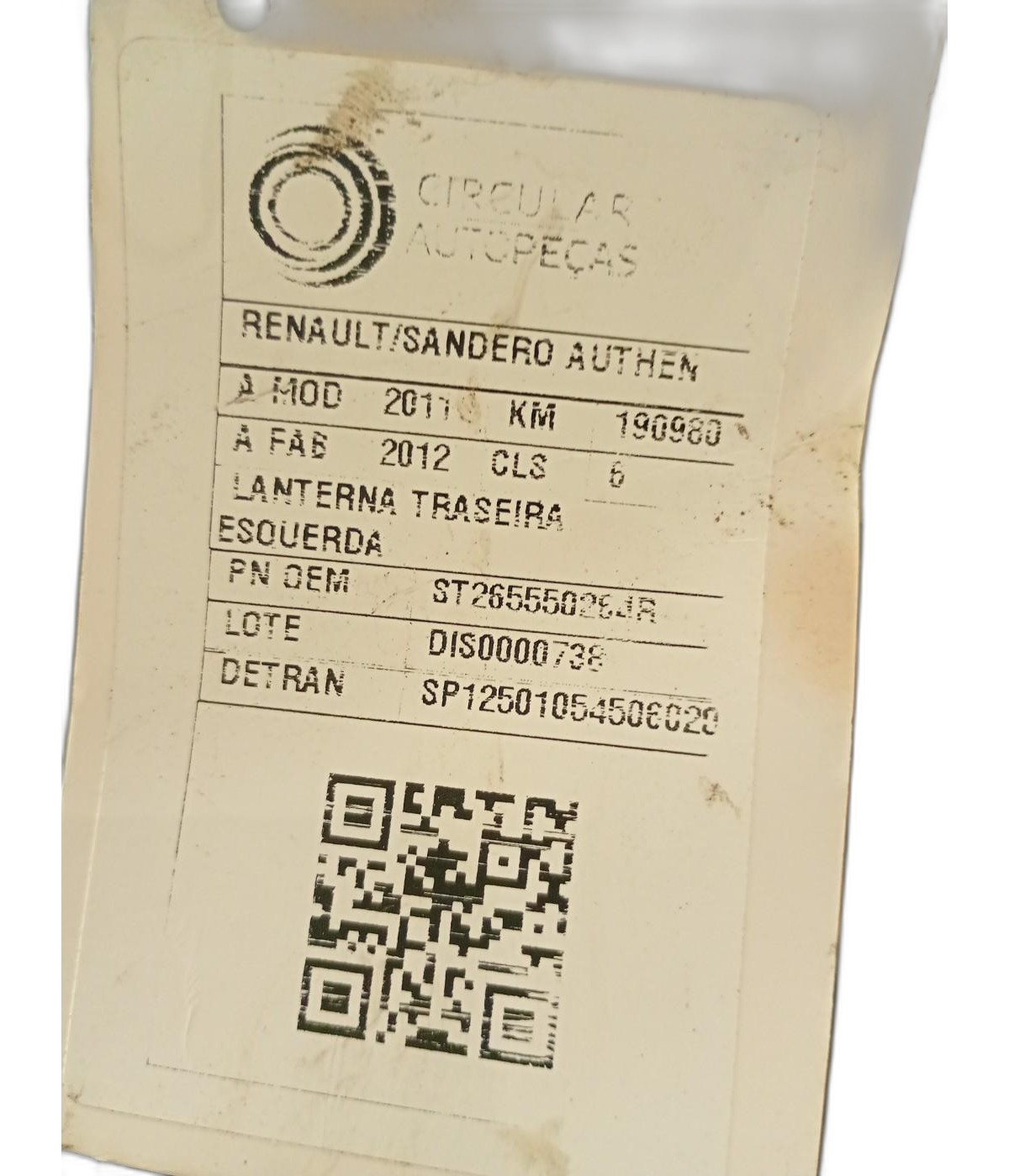 LANTERNA TRASEIRA ESQUERDA - 265550264R - Sandero