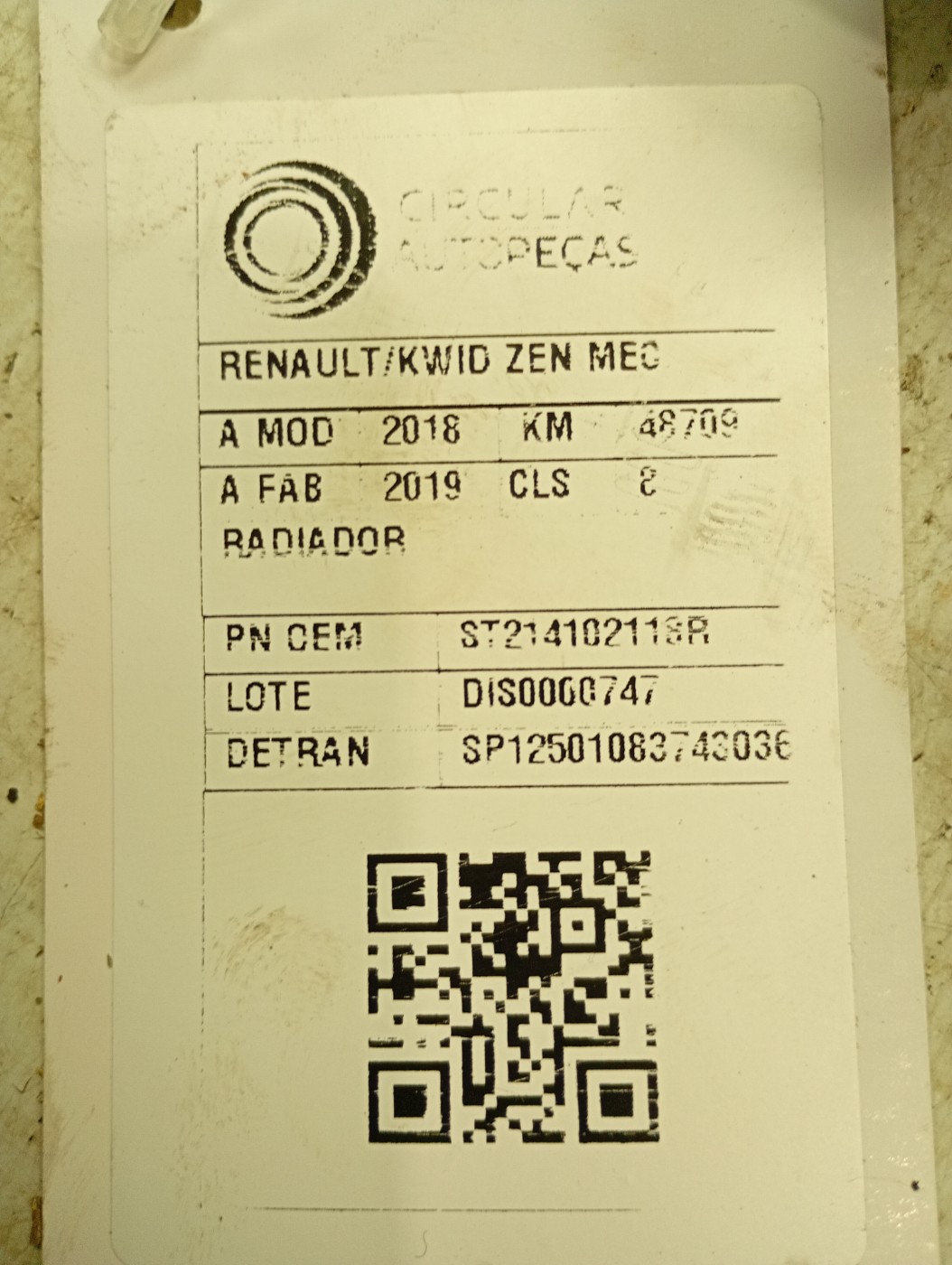 RADIADOR RENAULT KWID ZEN 1.0 FLEX 12V 5P MEC. 2018/2019 - ST214102118R - 