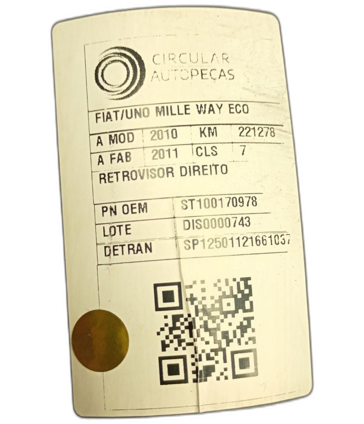 RETROVISOR DIREITO FIAT UNO MILLE WAY ECONOMY 2010/2011 - ST100170978 - 