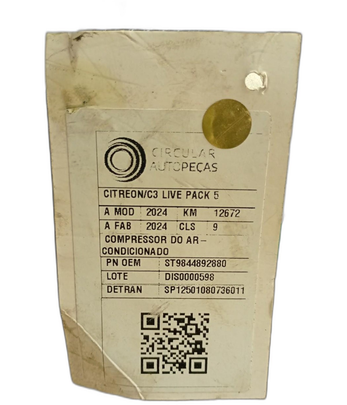COMPRESSOR AR-CONDICIONADO CITROEN C3 LIVE PACK 1.0 2024 - ST9844892880 - 