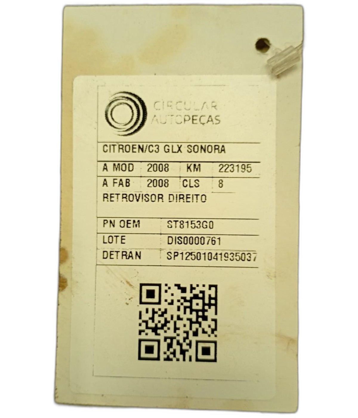 RETROVISOR DIREITO CINZA CITROËN C3 GLX/GLX SONORA 1.4 2008 - 8153G0 - 