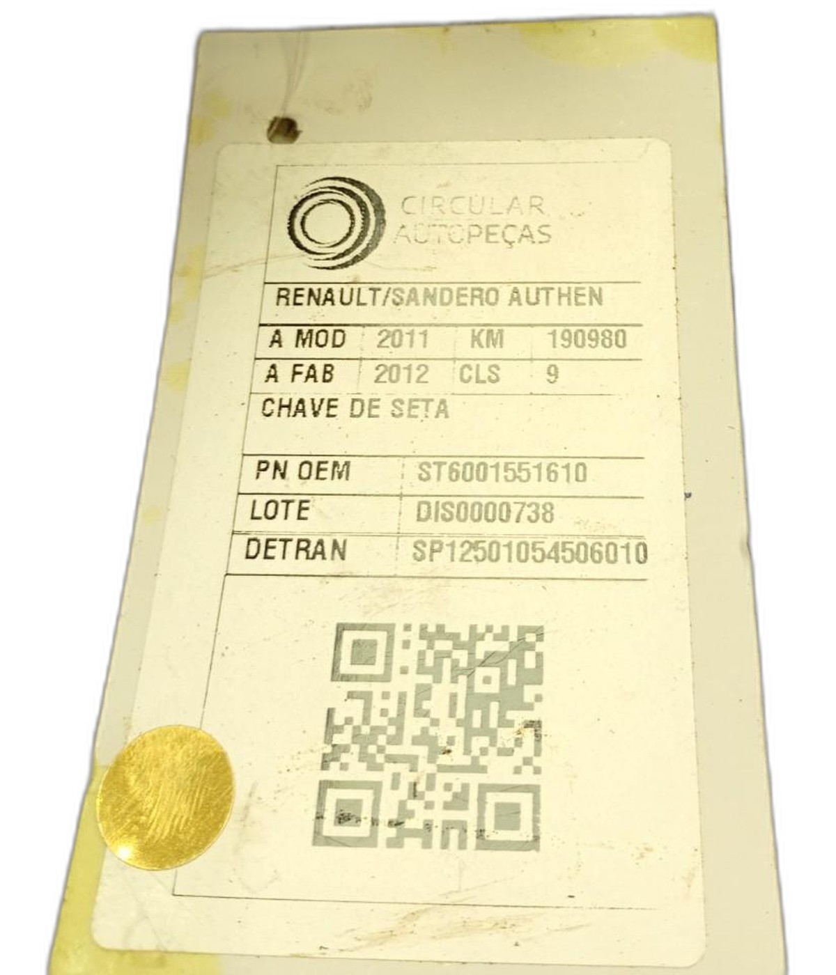 CHAVE SETA RENAULT SANDERO AUTHENTIQUE HI-FLEX 2011/12 - 6001551610 - 
