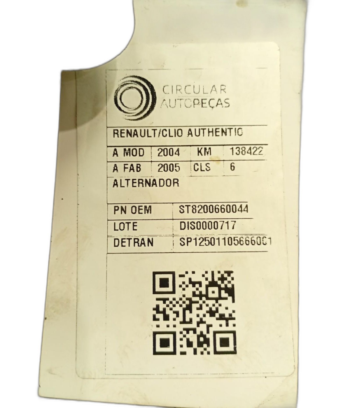 ALTERNADOR RENAULT CLIO AUTHENTIQUE HI-FLEX 1.0 04/05 - ST8200660044 - 