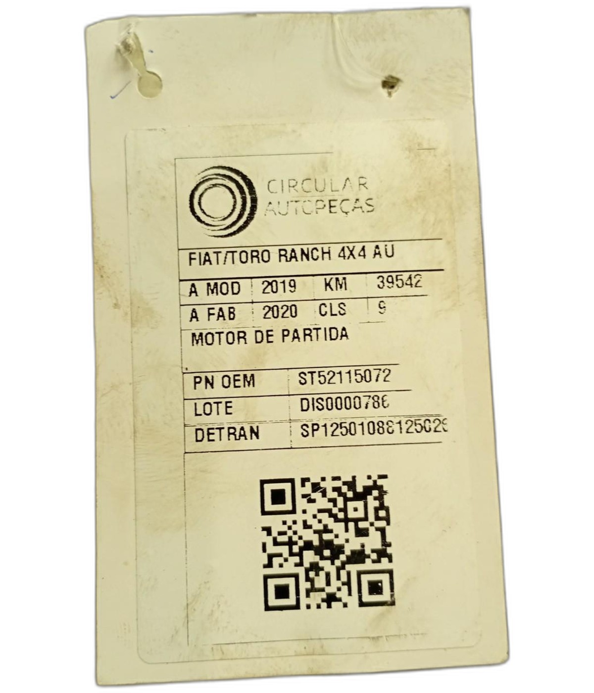 MOTOR PARTIDA FIAT TORO RANCH 2.0 16V 4x4 2019/2020 - ST52115072 - 