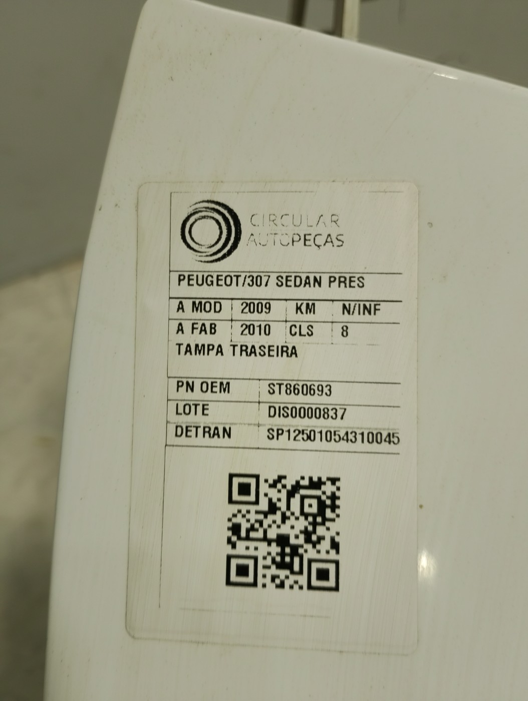 Tampa Traseira Peugeot 307 Sedan PRESENCE 1.6 FLEX 09/10 - ST860693 - 