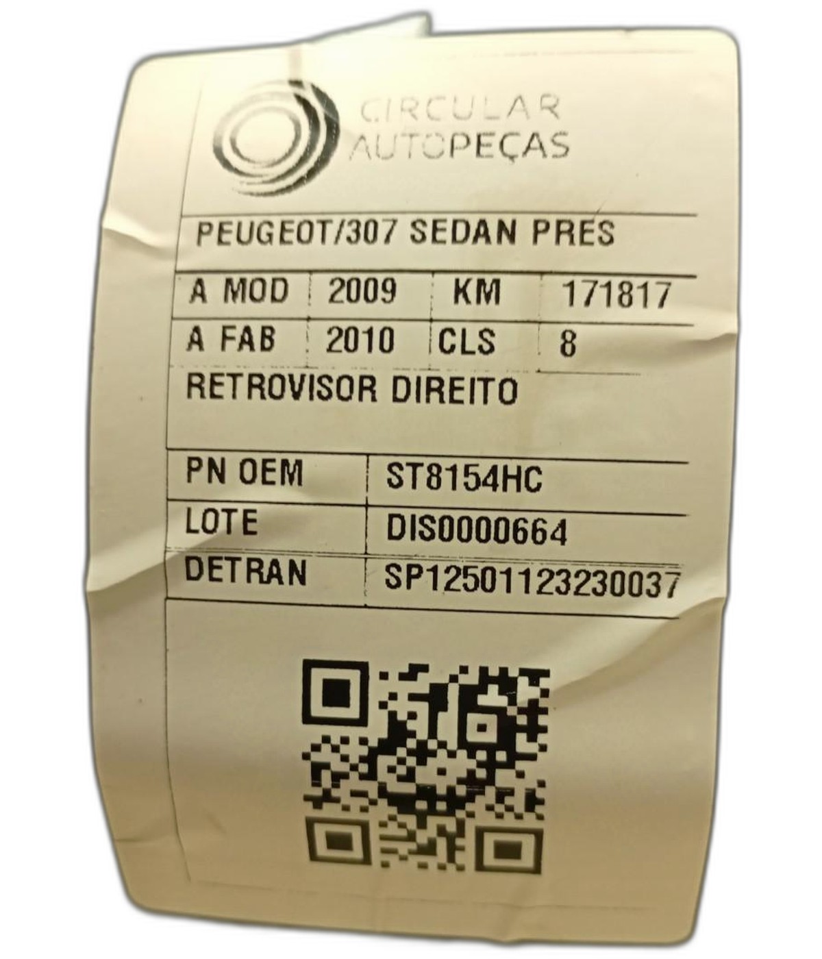 RETROVISOR DIREITO PEUGEOT 307 SED. PRESENCE 1.6 FLEX 09/10 - ST8154HC - 