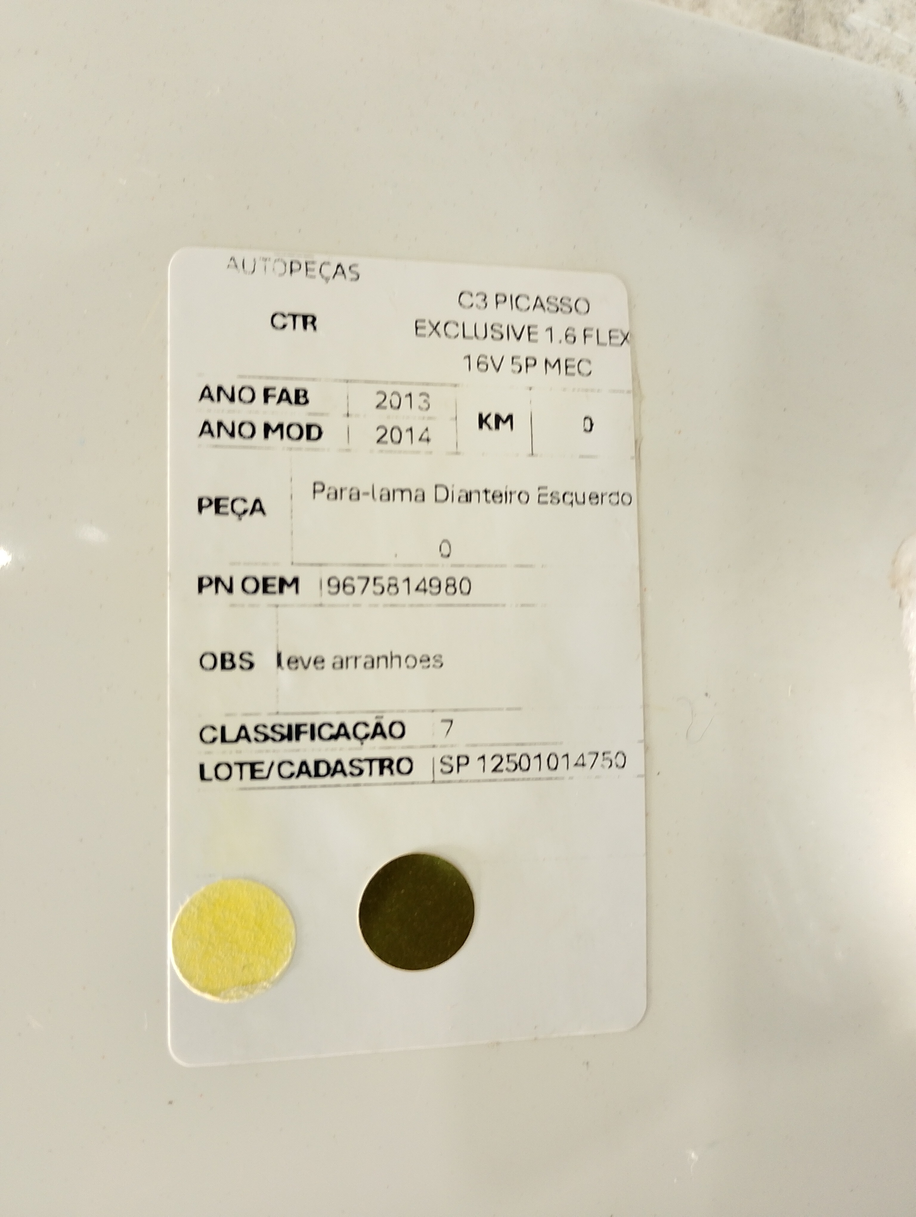 PARA-LAMA DIANTEIRO ESQUERDO CITROËNC3 PICASSO EXCLUS 1.6 14 - 9675814980 - 