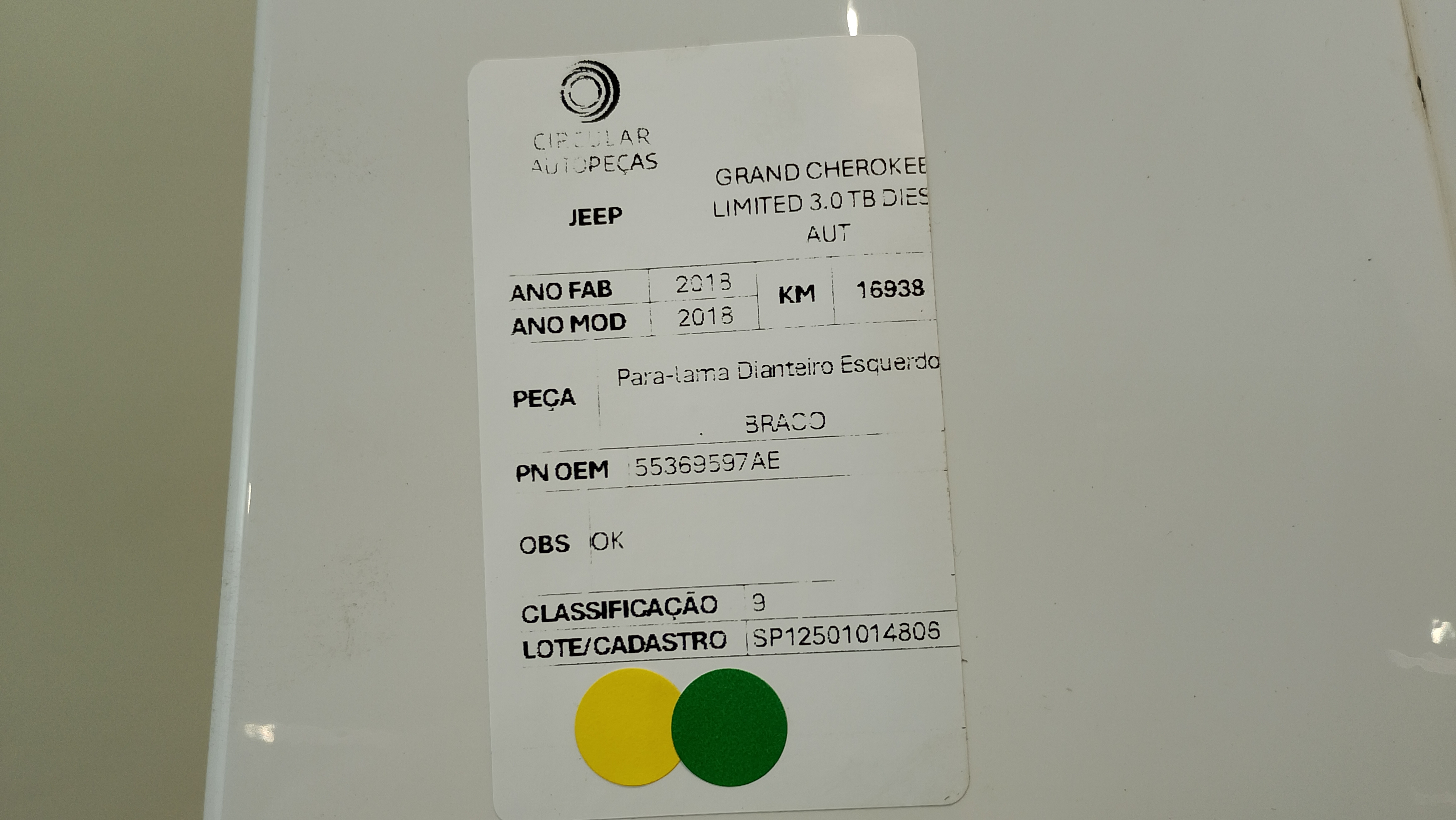 PARA LAMA DIANTEI ESQUER JEEP GRAND CHEROKEE L 3.0 BRANCO 18 - 55369597AE - 
