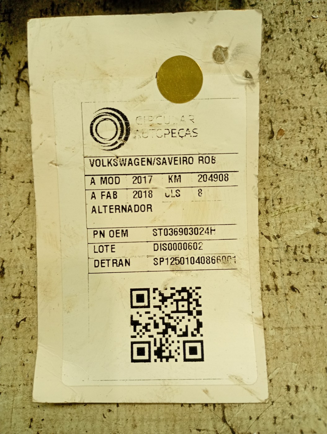 ALTERNADOR VOLKSWAGEN SAVEIRO ROBUST 1.6 TOTAL FLEX 8V 17/18 - 036903024H - 